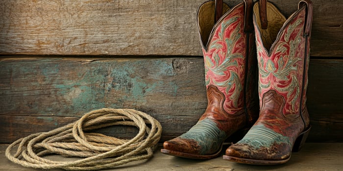 A stunning pair of exquisitely designed cowboy boots sits alongside a wellworn coil of rope, all resting on rustic wooden planks that evoke a timeless and classic Western aesthetic with charm photo