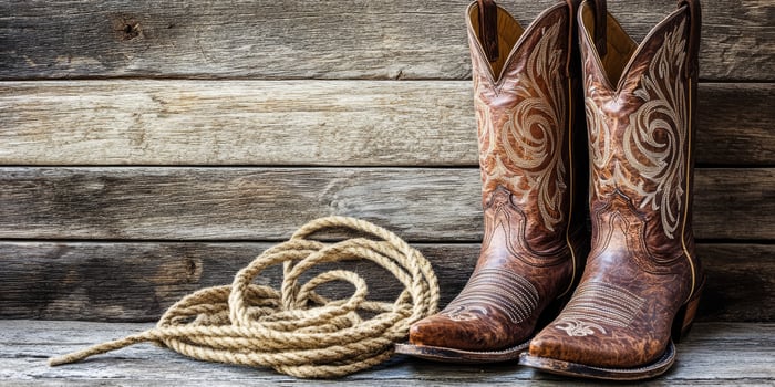 A beautifully crafted pair of intricately designed cowboy boots rests beside a coiled rope on aged wooden planks, perfectly showcasing the rich heritage and timeless style of Western culture photo