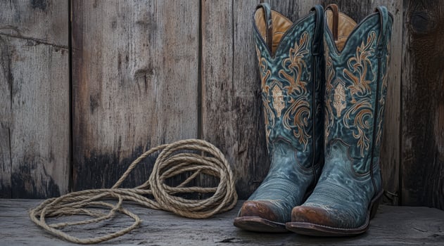 A pair of intricately designed cowboy boots and a classic lasso, set against a rustic backdrop, showcasing the essence of western culture and masterful craftsmanship in this timeless art form photo