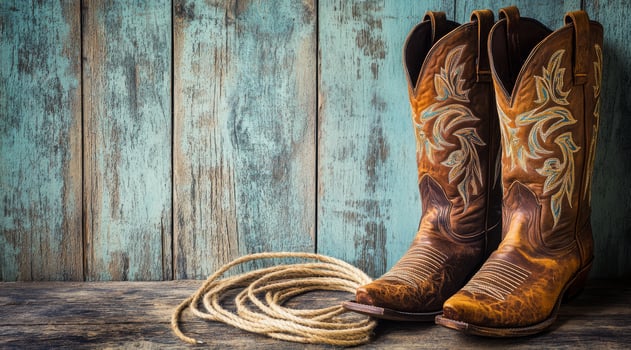 A wellloved and worn pair of cowboy boots accompanied by a lasso, all set beautifully on a rustic wooden surface, together showcasing the rich Western heritage and fine craftsmanship that defines it photo