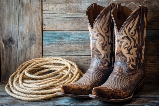 A vintage pair of cowboy boots with intricate designs, next to a coiled rope, set against a rustic wooden backdrop, embodying Western culture, rich heritage, and traditional craftsmanship photo