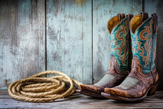 Experience the charm of rustic cowboy boots beside a classic lasso, arranged against a textured wooden backdrop, evoking a nostalgic vintage Western vibe of adventure and heritage photo