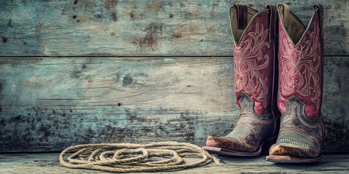 These vibrant cowboy boots, adorned with a coiled rope, stand out against weathered wood, embodying the essence of Western culture, its rustic charm, and timeless appeal, symbolizing adventure photo