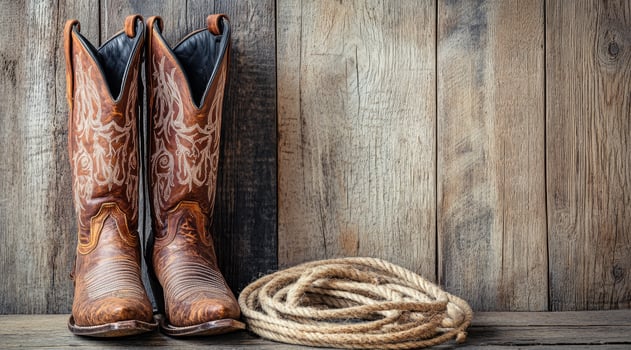 A beautifully crafted pair of classic cowboy boots rests against a textured wood backdrop, embodying the rich heritage of Western culture and its timeless tradition that has captivated generations photo