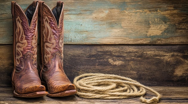 Gorgeous cowboy boots with intricate designs are showcased with a coiled rope against a rustic wooden backdrop, highlighting the rugged charm and enduring tradition of the American West photo