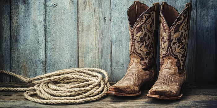 These stylish vintage cowboy boots feature unique designs and a coiled rope, set against a rustic wooden backdrop, creating a timeless Western ambiance ideal for cowboy and cowgirl fans photo