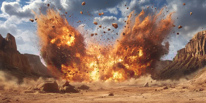 A dramatic explosion in a vast desert landscape displays fiery debris against a vibrant, colorful sky photo