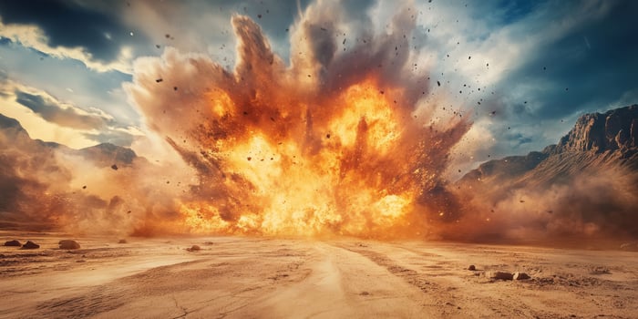 A stunning explosion scene vividly illuminating a vast desert landscape beneath dramatic and turbulent skies photo