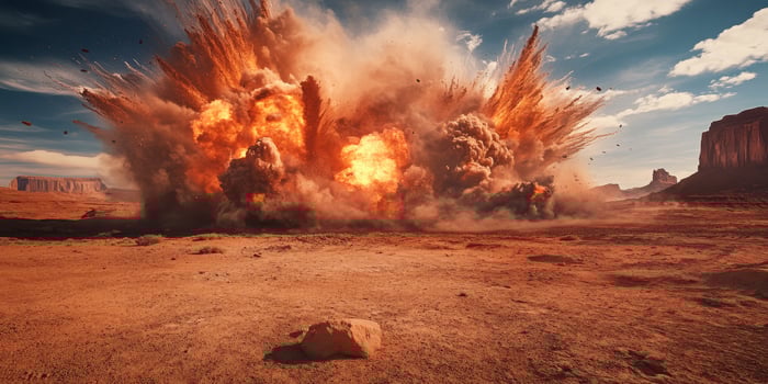 A dramatic explosion occurs, sending powerful shockwaves throughout the vast expanse of a striking desert landscape photo