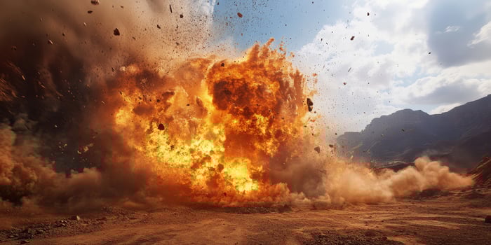 A powerful explosion occurs, sending massive debris and swirling dust high into the sky above a barren landscape photo