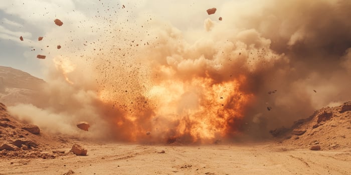 A dramatic and powerful explosion erupted, sending massive debris flying into the air in an arid desert landscape photo