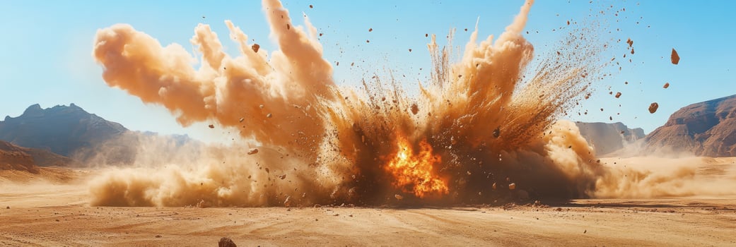 A breathtaking explosion erupts, sending large debris soaring high into the clear blue sky above the dry arid terrain photo