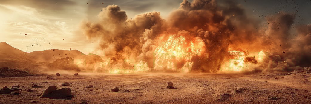 A powerful explosion creates a dramatic scene in a barren desert landscape, showcasing intense energy. photo