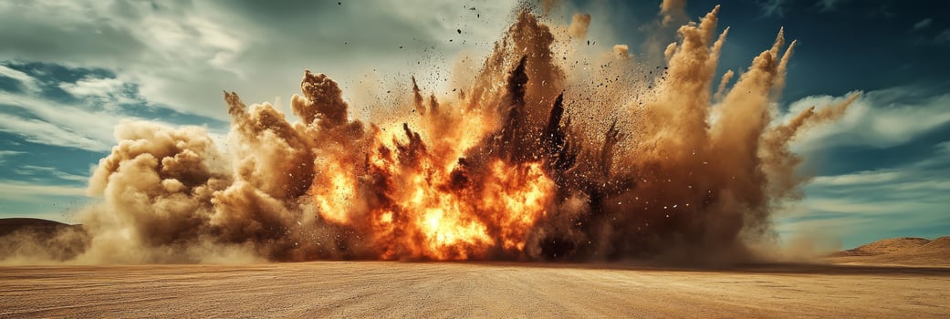 An intense and dramatic explosion erupts, creating a massive cloud of dust and debris across the vast desert landscape photo