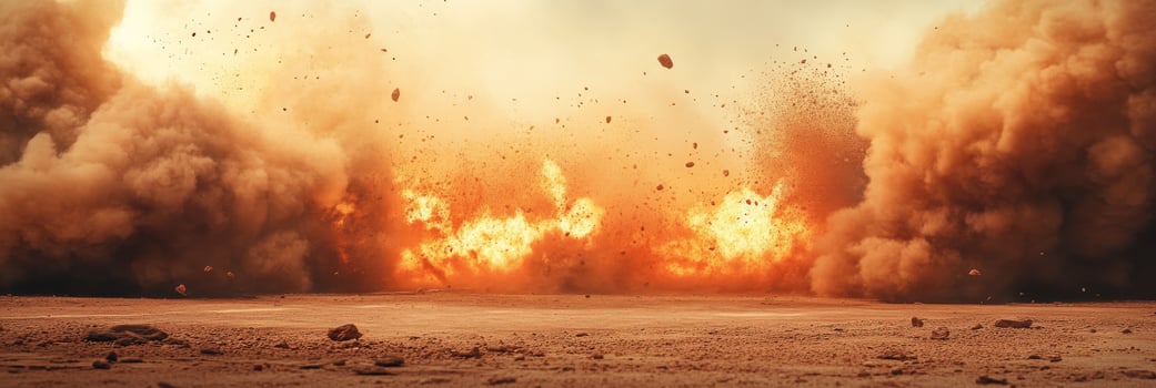 A dramatic and powerful explosion violently kicks up debris and thick billowing smoke in a dry, arid landscape photo