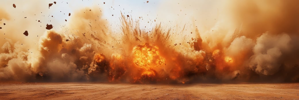 An impressive and powerful explosion occurs, sending debris and thick smoke rising high into a barren landscape photo