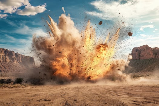 A truly stunning explosion occurs in a vast desert setting, showcasing beautifully contrasting elements all around photo