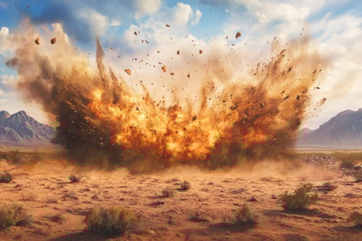 A powerful and dramatic explosion erupts in a vast desert landscape, showcasing fiery debris and swirling dust photo