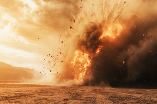 A massive explosion erupts in a dusty landscape, sending flames and smoke into the sky against a golden sunset photo