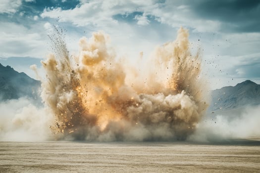 A powerful explosion creates a dramatic cloud of dust and debris against a rugged mountain backdrop photo