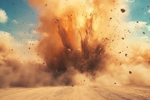 A powerful explosion generating a massive dust cloud in a barren landscape, highlighting raw energy. photo