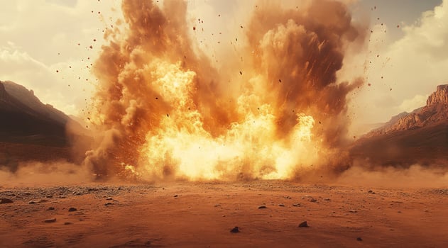 A powerful explosion erupts dramatically in a vast desert, showcasing rising dust and ominous flames photo