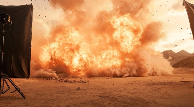 A stunning explosion in a vast desert, showcasing cinematic effects and high drama that captivates viewers photo