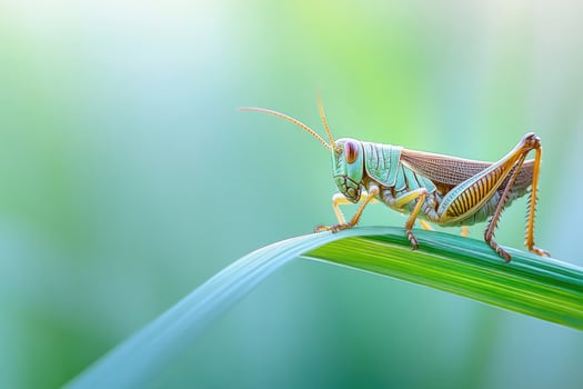 A grasshopper resting on a blade of grass. photo