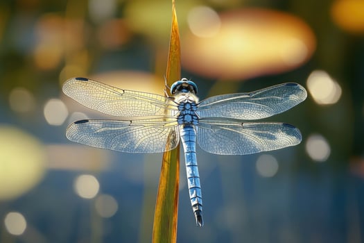 A dragonfly perched on a reed in a pond. photo