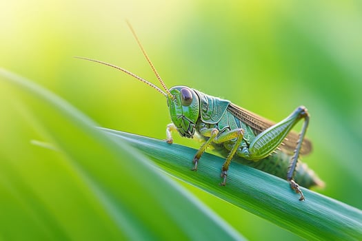 A grasshopper resting on a blade of grass. photo