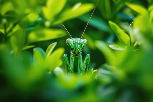 A praying mantis hidden among garden plants. photo