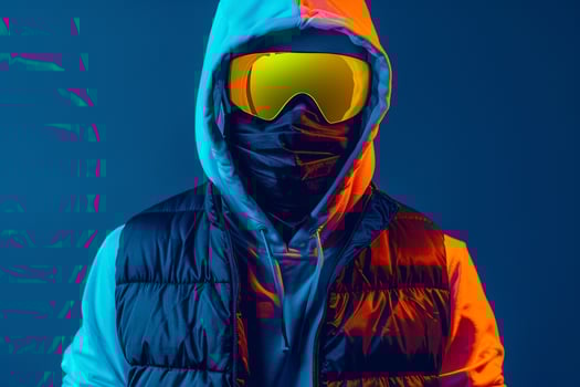 Fashionable Model in Casual Vest with Neon Yellow Ski Mask and Neon Blue Background Stylish portrait photo