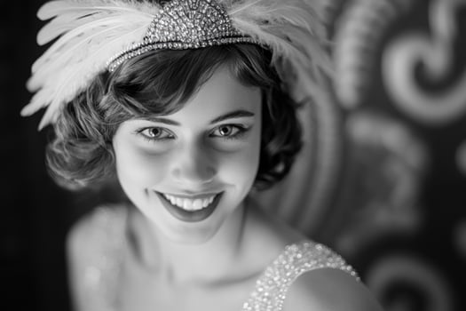 A flapper girl from the 1920s, wearing a beaded dress and a feathered headband, smiling coyly. photo
