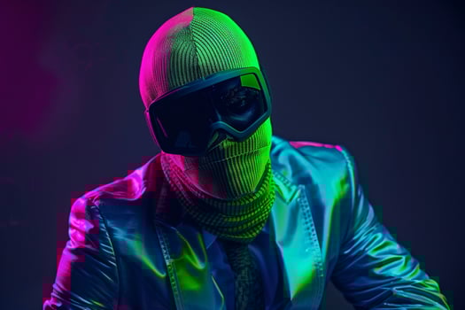 Fashion Model in Trendy Blazer with Neon Green Ski Mask and Neon Blue Background Modern portrait photo