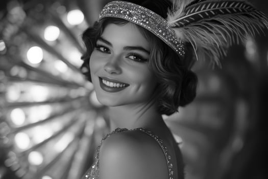A flapper girl from the 1920s, wearing a beaded dress and a feathered headband, smiling coyly. photo