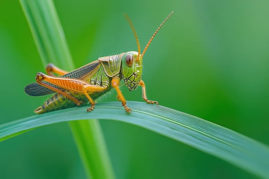 A grasshopper resting on a blade of grass. photo