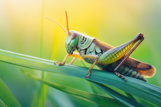 A grasshopper resting on a blade of grass. photo