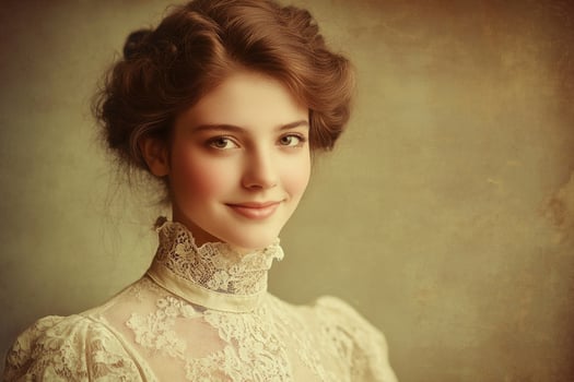 A Victorian-era woman with an enigmatic smile, wearing a high-collared dress. photo