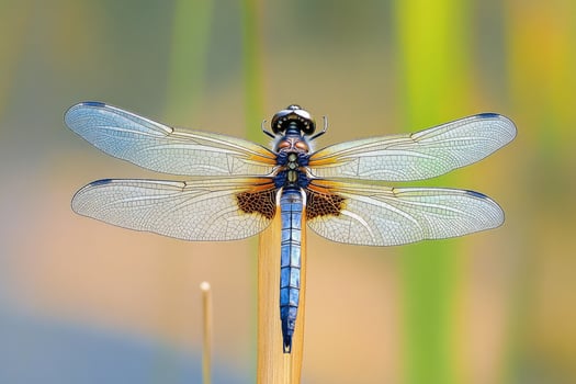 A dragonfly perched on a reed in a pond. photo