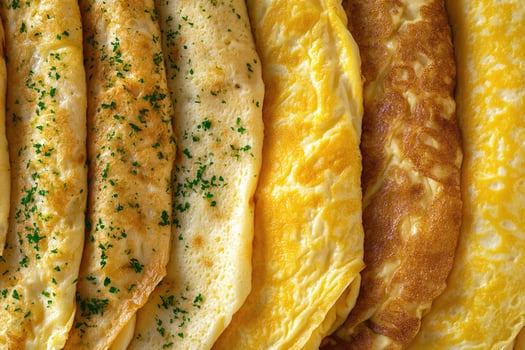 A rich array of French omelettes creates a savory, elegant background. photo