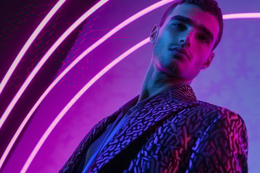 patterned Suit with Neon purple Lifestyle Males Fashion portrait Background Trendy Fashion photography with a Bold purple Accent photo