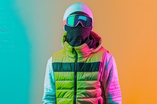 Casual Vest with Neon Aqua Ski Mask Neon Green Lifestyle Males Fashion portrait Trendy photography with a Vibrant Aqua and Green Theme photo