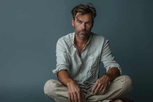 Trendy Henley Shirt Model in Blue Background Full length Lifestyle portrait with Seated position and Stylish Look photo