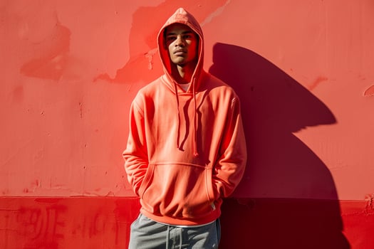 Handsome Fashion Model in Bright Coral Hoodie Lifestyle portrait with Modern Males Fashion Focus photo