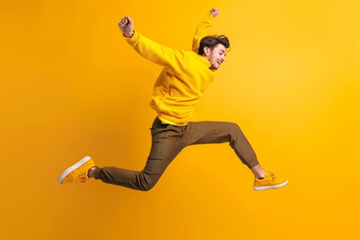 Fashion Model Handsome in Sweater Yellow Background Male portrait with Trendy Lifestyle Setting photo