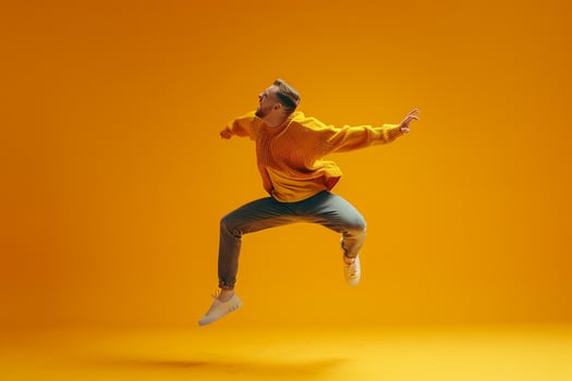 Handsome Fashion Model in Sweater Yellow Background Male portrait with Trendy Lifestyle Setting photo