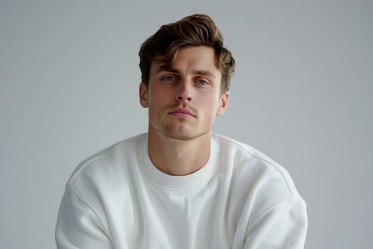 Stylish Male Model in Grey Sweatshirt Trendy Lifestyle portrait Comfortable Maleswear Style Soft Light Background for easygoing Look photo
