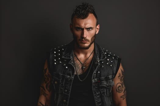 elegant Fashion Model in a Studded Vest with a Maleswear Background Trendy Male portrait Modern Lifestyle photo