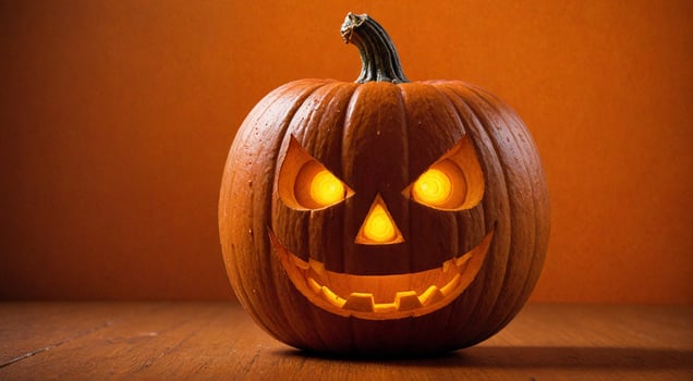 Halloween, big orange pumpkin on wooden table, blurred background, copy space. photo