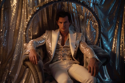 elegant platinum Sequined Suit Male Fashion Model High Fashion portrait with Stylish Background photo